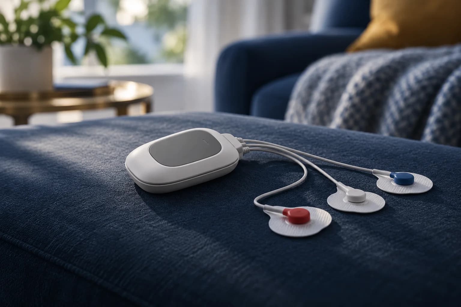 Illustrative image of a portable Holter monitor with electrode leads